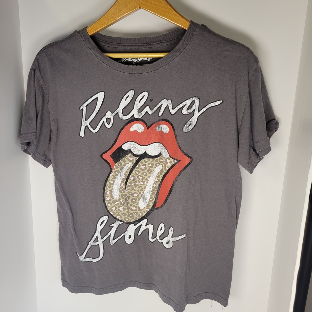 Rolling Stones Leopard Print Tongue Graphic T-Shirt Gray Cotton Large